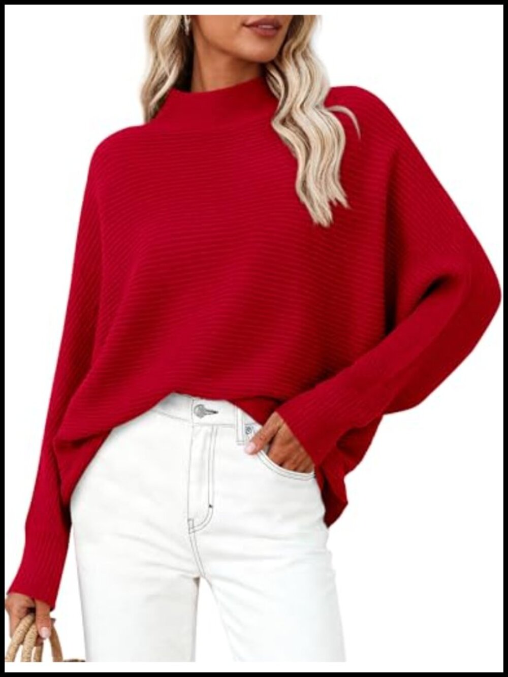 Women's Batwing Long Sleeve Sweater Mock Neck Ribbed Knit Cozy Pullover